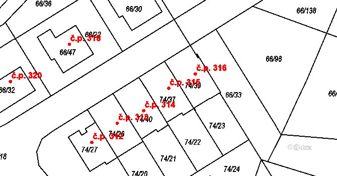 Stará Pohůrka 315, Srubec na parcele st. 74/37 v KÚ Srubec, Katastrální mapa