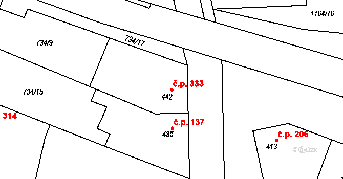 Žeravice 333 na parcele st. 442 v KÚ Žeravice u Kyjova, Katastrální mapa