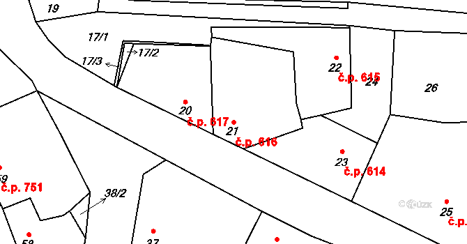 Dubí 616, Kladno na parcele st. 21 v KÚ Dubí u Kladna, Katastrální mapa