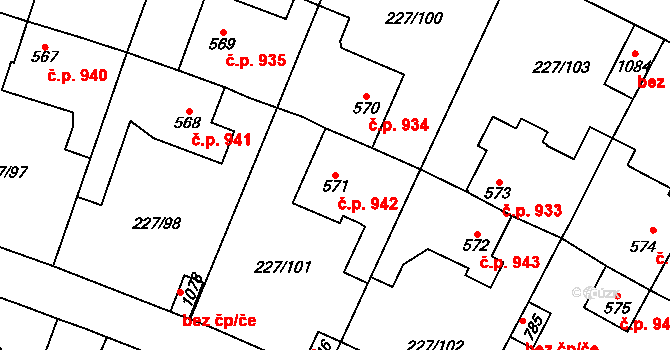 Švermov 942, Kladno na parcele st. 571 v KÚ Hnidousy, Katastrální mapa
