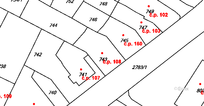 Dačice V 108, Dačice na parcele st. 743 v KÚ Dačice, Katastrální mapa