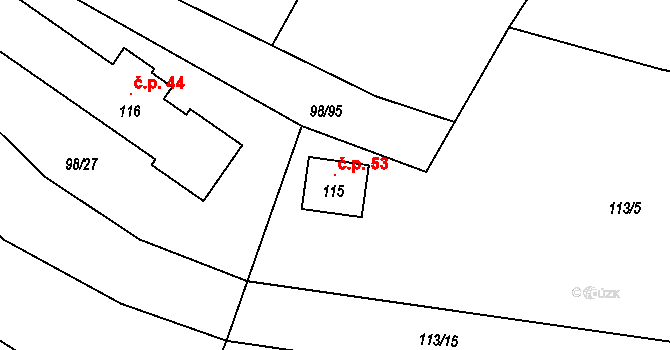 Kladruby 53 na parcele st. 115 v KÚ Kladruby u Vlašimi, Katastrální mapa