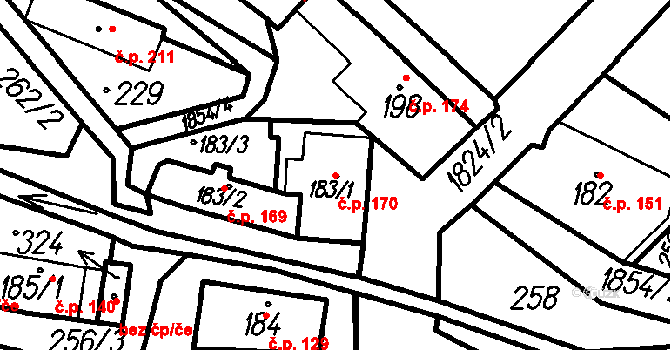 Oloví 170 na parcele st. 183/1 v KÚ Oloví, Katastrální mapa