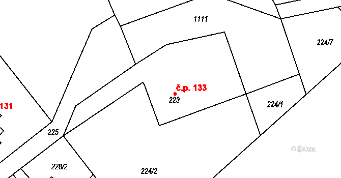 Chvaleč 133 na parcele st. 223 v KÚ Chvaleč, Katastrální mapa