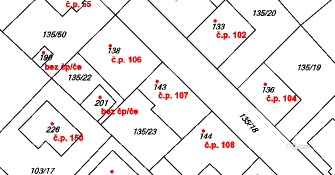 Libenice 107 na parcele st. 143 v KÚ Libenice, Katastrální mapa