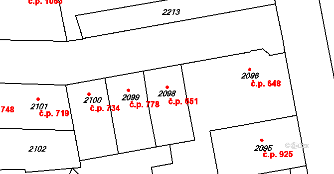 Smíchov 651, Praha na parcele st. 2098 v KÚ Smíchov, Katastrální mapa