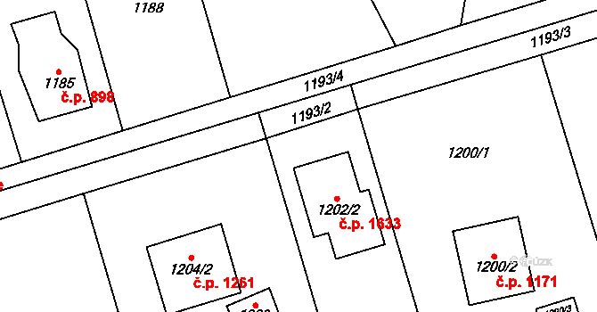 Černošice 1633 na parcele st. 1202/2 v KÚ Černošice, Katastrální mapa