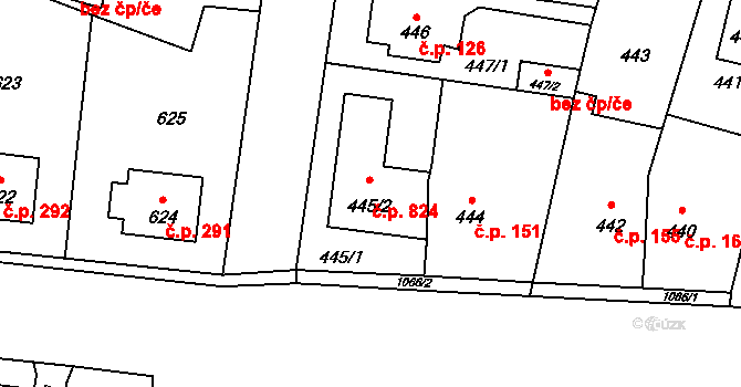 Čimice 824, Praha na parcele st. 445/2 v KÚ Čimice, Katastrální mapa