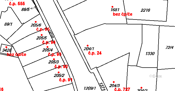 Valdické Předměstí 24, Jičín na parcele st. 204/1 v KÚ Jičín, Katastrální mapa