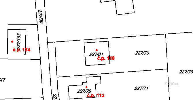 Trubín 118 na parcele st. 227/81 v KÚ Trubín, Katastrální mapa