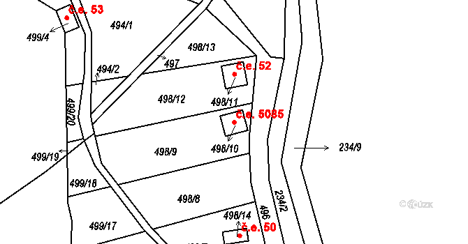 Hruškové Dvory 5085, Jihlava na parcele st. 498/10 v KÚ Hruškové Dvory, Katastrální mapa