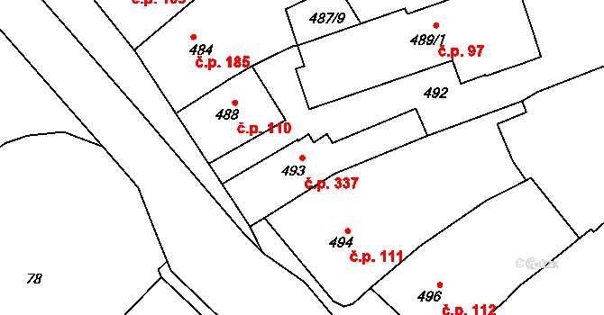 Měřín 337 na parcele st. 493 v KÚ Měřín, Katastrální mapa