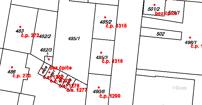 Český Těšín 1316 na parcele st. 485/3 v KÚ Český Těšín, Katastrální mapa