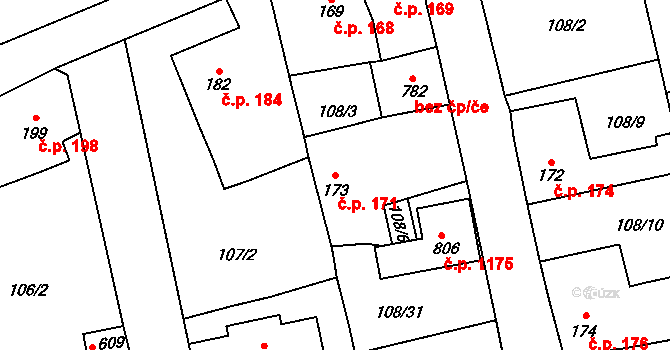Rudná 171 na parcele st. 173 v KÚ Dušníky u Rudné, Katastrální mapa
