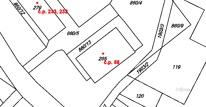 Otovice 58 na parcele st. 285 v KÚ Otovice u Broumova, Katastrální mapa
