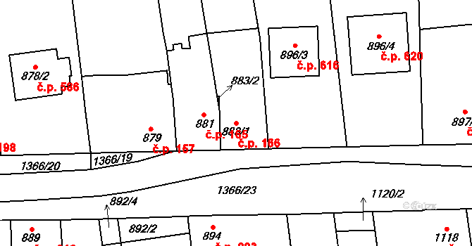 Vejprnice 166 na parcele st. 883/1 v KÚ Vejprnice, Katastrální mapa