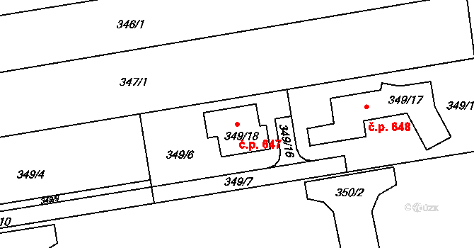 Syrovice 647 na parcele st. 349/18 v KÚ Syrovice, Katastrální mapa