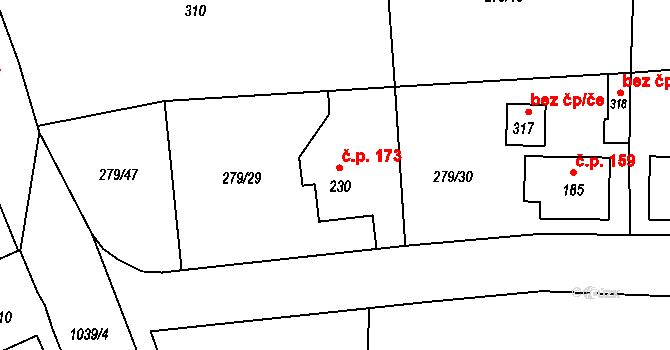 Měcholupy 173 na parcele st. 230 v KÚ Měcholupy u Žatce, Katastrální mapa
