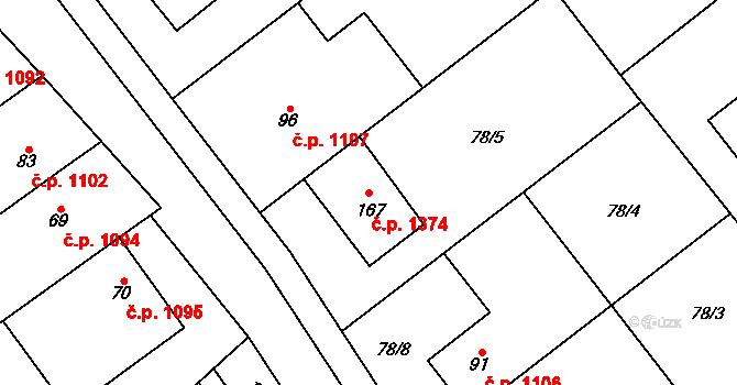 Litovel 1374 na parcele st. 167 v KÚ Chořelice, Katastrální mapa