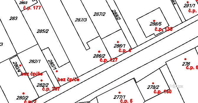 Milovice 127 na parcele st. 286/2 v KÚ Milovice u Mikulova, Katastrální mapa