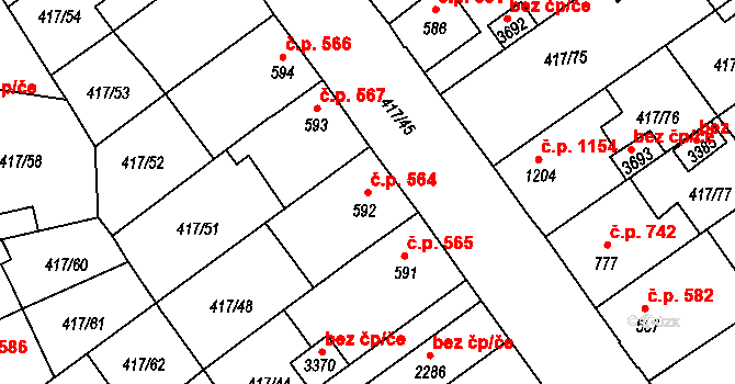Bystřice pod Hostýnem 564 na parcele st. 592 v KÚ Bystřice pod Hostýnem, Katastrální mapa