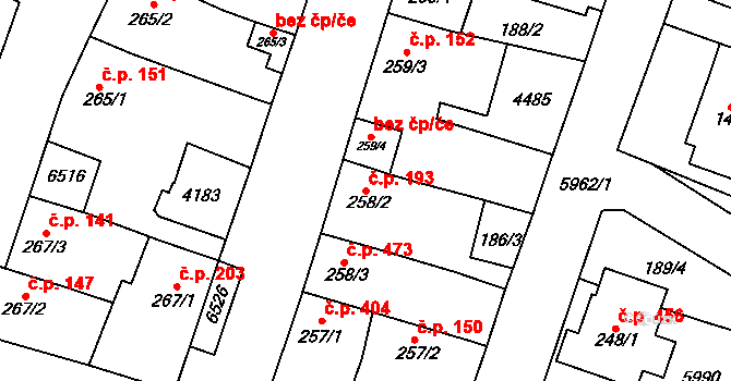Hrušovany nad Jevišovkou 193 na parcele st. 258/2 v KÚ Hrušovany nad Jevišovkou, Katastrální mapa