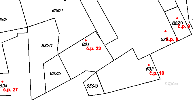 Záblatíčko 22, Dříteň na parcele st. 631 v KÚ Záblatí, Katastrální mapa