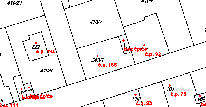 Veleň 166 na parcele st. 243/1 v KÚ Veleň, Katastrální mapa