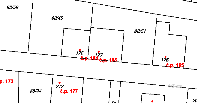 Hospozín 153 na parcele st. 177 v KÚ Hospozín, Katastrální mapa