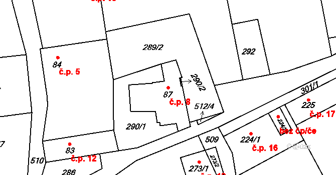 Týnec 8, Koleč na parcele st. 87 v KÚ Koleč, Katastrální mapa