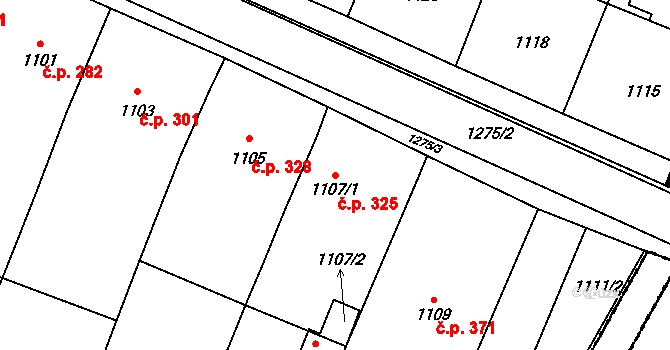 Těšany 325 na parcele st. 1107/1 v KÚ Těšany, Katastrální mapa
