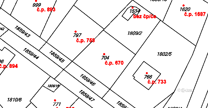 Tišnov 670 na parcele st. 704 v KÚ Tišnov, Katastrální mapa