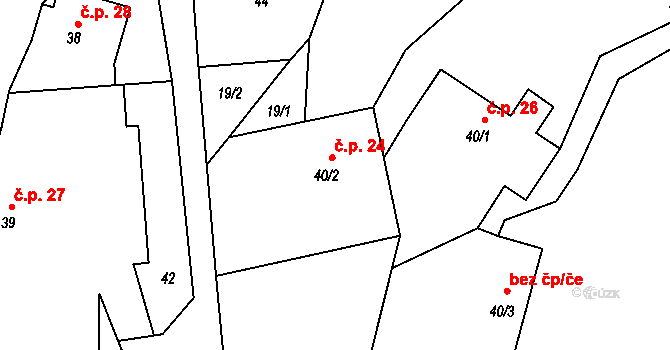 Nahoruby 24, Křečovice na parcele st. 40/2 v KÚ Nahoruby, Katastrální mapa