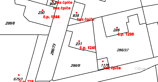 Švermov 1245, Kladno na parcele st. 231 v KÚ Hnidousy, Katastrální mapa