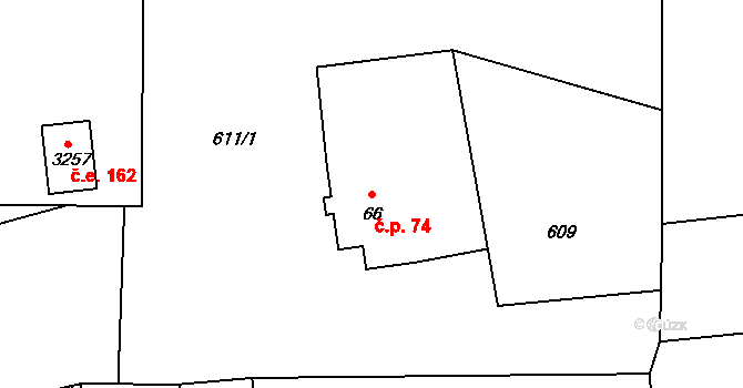 Ostravice 74 na parcele st. 66 v KÚ Ostravice 1, Katastrální mapa