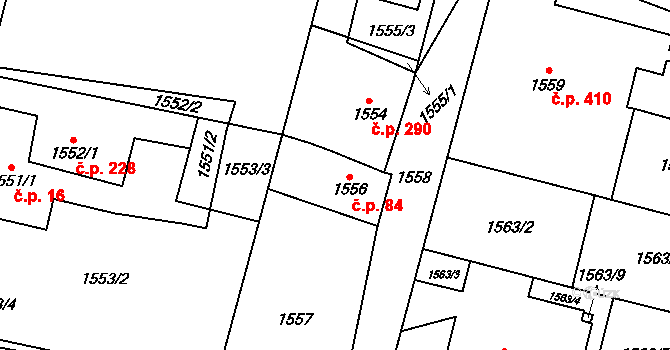 Kosmonosy 84 na parcele st. 1556 v KÚ Kosmonosy, Katastrální mapa