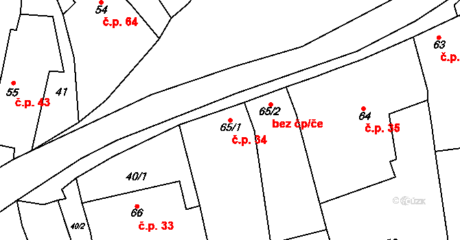 Bouzov 34 na parcele st. 65/1 v KÚ Bouzov, Katastrální mapa