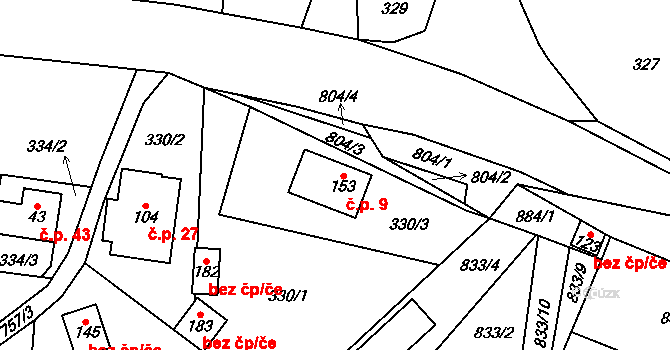 Lhota 9, Chuchelna na parcele st. 153 v KÚ Lhota Komárov, Katastrální mapa