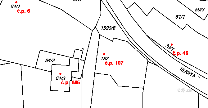 Kladeruby 107 na parcele st. 132 v KÚ Kladeruby, Katastrální mapa