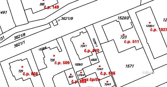 Rožnov pod Radhoštěm 510 na parcele st. 724/1 v KÚ Rožnov pod Radhoštěm, Katastrální mapa