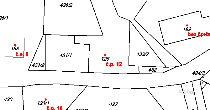 Moravský Karlov 12, Červená Voda na parcele st. 125 v KÚ Moravský Karlov, Katastrální mapa