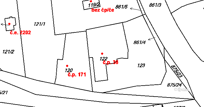 Čekanice 36, Tábor na parcele st. 122 v KÚ Čekanice u Tábora, Katastrální mapa