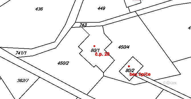 Těpeře 20, Železný Brod na parcele st. 80/1 v KÚ Chlístov u Železného Brodu, Katastrální mapa