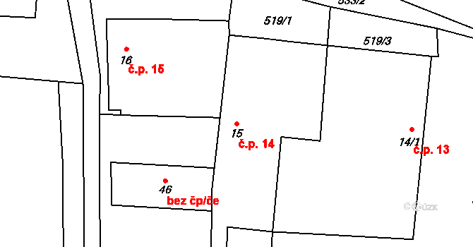 Lhota 14, Lhota-Vlasenice na parcele st. 15 v KÚ Lhota u Kamenice nad Lipou, Katastrální mapa