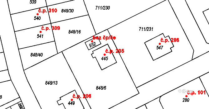 Daliměřice 205, Turnov na parcele st. 445 v KÚ Daliměřice, Katastrální mapa