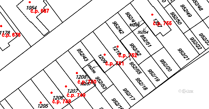 Rožmitál pod Třemšínem 751 na parcele st. 1209 v KÚ Rožmitál pod Třemšínem, Katastrální mapa