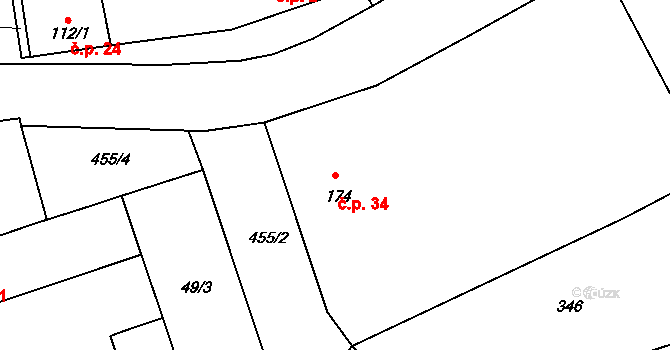 Želevčice 34, Slaný na parcele st. 174 v KÚ Dolín, Katastrální mapa