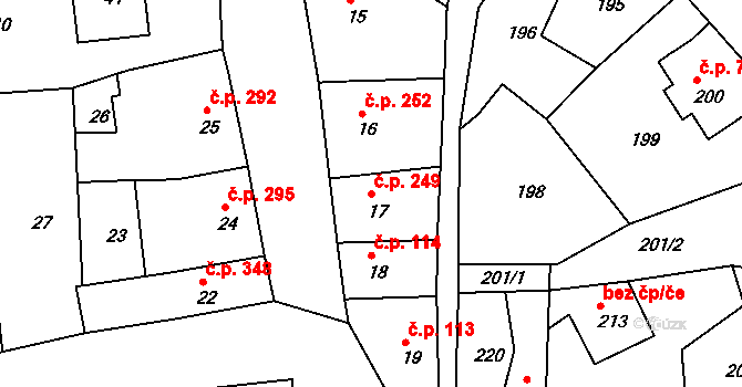 Týnec nad Labem 249 na parcele st. 17 v KÚ Týnec nad Labem, Katastrální mapa