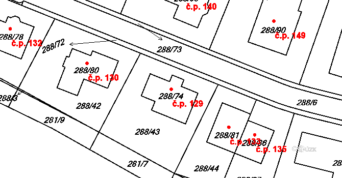 Pávov 129, Jihlava na parcele st. 288/74 v KÚ Pávov, Katastrální mapa