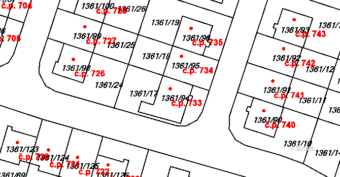 Vinoř 733, Praha na parcele st. 1361/94 v KÚ Vinoř, Katastrální mapa